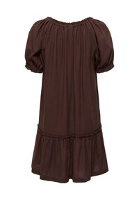 Robe marron à manches courtes avec encolure élastique froncée, manches bouffantes et détail volanté à l’ourlet.