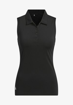 Polo preto sem mangas com gola, cinco botões, textura suave e logo bordado na bainha inferior.