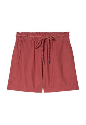 Shorts rojos de lino con cinturilla elástica y cordón ajustable. Presentan un corte relajado y un acabado suave y texturizado.