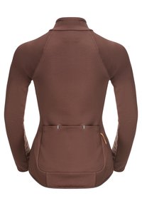 Camicia marrone a maniche lunghe con un design attillato e colletto alto. Presenta una tasca posteriore con cerniera, accenti a contrasto e polsini a costine.