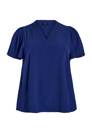 Short-sleeve blouse in dark blue with a v-neck, featuring a subtle animal print, textured fabric, and puffed sleeves for added volume.