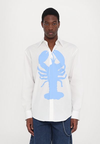 White button-up shirt with long sleeves featuring a large, blue lobster graphic at the center. Smooth, lightweight fabric.