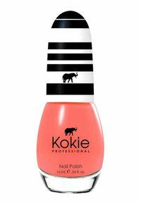 Kokie professionell nagellack i korall med en rund flaska. Svart-och-vitrandig kork med en liten elefantsiluett.