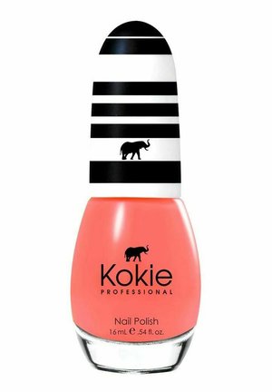 Kokie ammattitason kynsilakka korallinvärisenä, pyöreässä pullossa. Musta-valkoinen raitakaulus, jossa on pieni norsun siluetti.