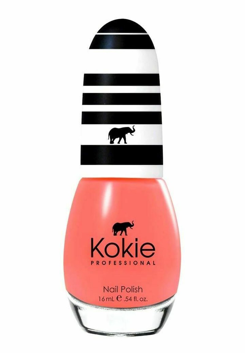 Kokie professionell nagellack i korall med en rund flaska. Svart-och-vitrandig kork med en liten elefantsiluett.