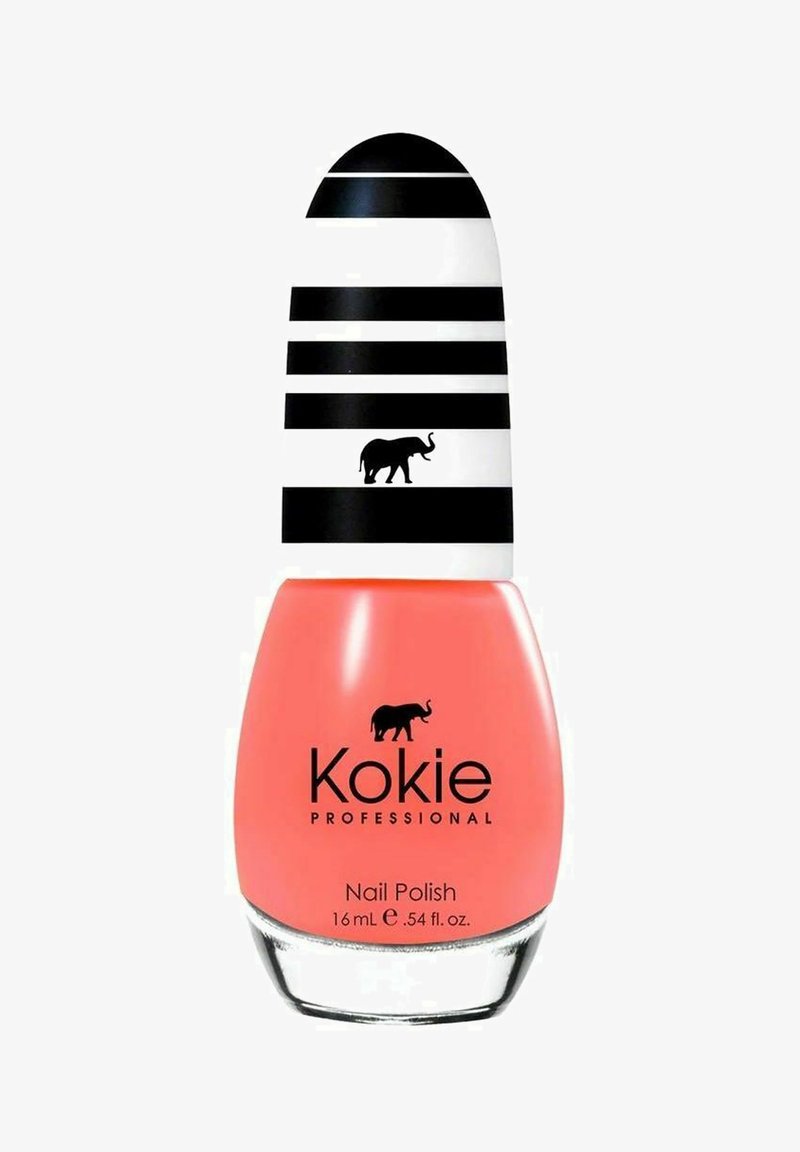 Kokie professionell nagellack i korall med en rund flaska. Svart-och-vitrandig kork med en liten elefantsiluett.