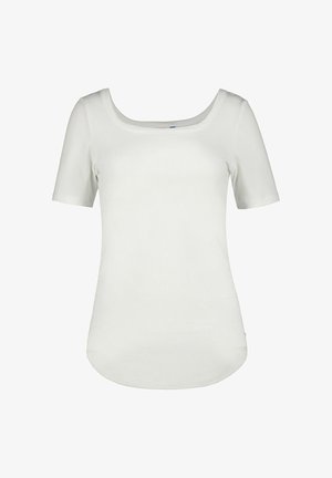 Hvid t-shirt med korte ærmer og firkantet halsudskæring. Har ribbet tekstur og buet kant. Glat stof og tætsiddende design.