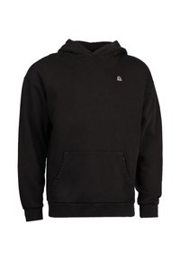 Sweat à capuche noir avec poche frontale et petit logo fantôme gris sur la poitrine gauche, doté de manches longues et d'une capuche.