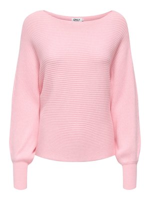 Lichtroze geribbelde trui met een brede halslijn en lange mouwen. Heeft een zachte textuur en aansluitende manchetten, ideaal voor casual dragen.