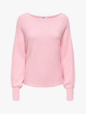 Ljusrosa ribbad tröja med vid halsringning och långa ärmar. Har en mjuk textur och åtsittande muddar, idealisk för vardagsbruk.