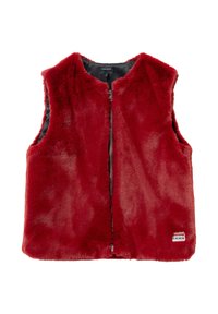 Chaleco sin mangas de pelo sintético rojo con cremallera frontal y forro interior negro, que presenta una pequeña etiqueta blanca de la marca IKKS cerca del dobladillo.