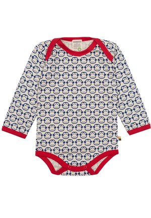 Lange mouw baby rompertje in crème met een marineblauwe aapjesprint, rode manchetten en halslijn. Drukknoopsluiting aan de onderkant. Zacht katoenmateriaal.