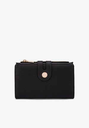 Black wallet made of textured material, featuring a gold-toned snap closure and zipper, rectangular shape with a polished finish.
