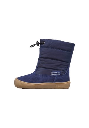 Stivale alla caviglia blu navy con parte superiore in tessuto imbottito, suola in gomma e chiusura con lacci. Presenta una superficie testurizzata e un'etichetta laterale.