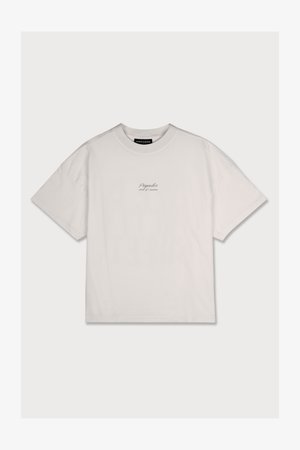 White cotton t-shirt with a relaxed fit, short sleeves, and a small branded logo printed on the upper left chest. Soft texture, crew neck.