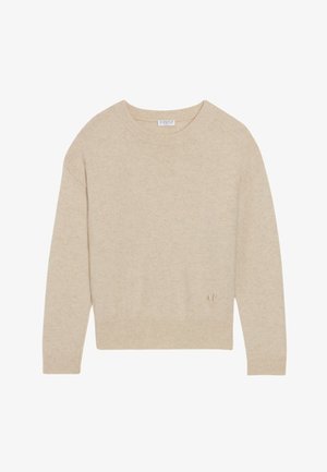 Pull beige en matière douce, avec un col rond, un ourlet et des poignets côtelés, et un petit détail de logo en bas à gauche.