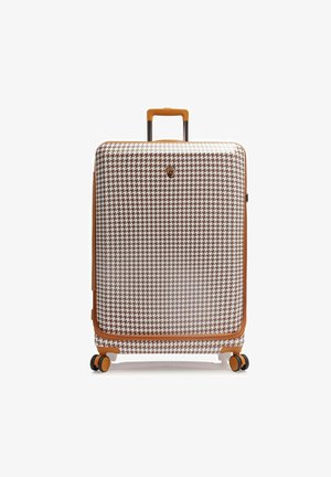 Harde koffer in een bruine houndstooth patroon met oranje accenten. Voorzien van een uitschuifbare handgreep en vier wielen voor mobiliteit.