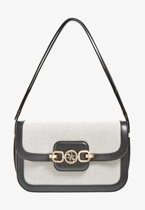 Sac à main noir et blanc avec un corps en tissu texturé, des accents en cuir, une quincaillerie dorée, et un fermoir orné d'un emblème et d'un détail de chaîne.