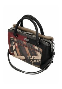 Borsa a tracolla in pelle nera con motivi astratti rossi, beige e marroni. Presenta doppi manici, una tasca con zip e dettagli in metallo argentato.