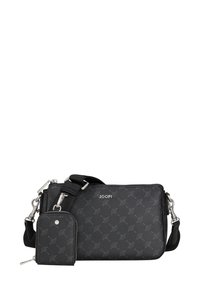 Borsa a tracolla nera in materiale sintetico con motivo in rilievo, chiusura con zip, tracolla regolabile e portacarte staccabile. Dettagli hardware color argento.