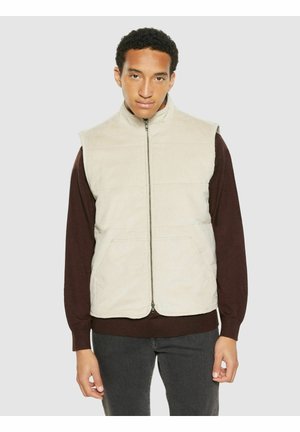 Jonge man die een beige doorgestikte bodywarmer met rits draagt over een donkerbruin shirt met lange mouwen en een donkere broek, staand tegen een effen achtergrond.
