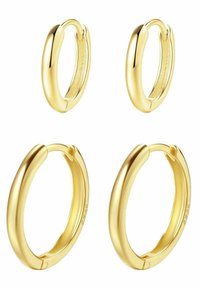 Set di orecchini a cerchio oro composto da due cerchi piccoli e due più grandi. Design liscio e arrotondato con una finitura lucida e chiusura senza soluzione di continuità.