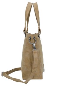 Braune Kunstlederhandtasche mit zwei oberen Griffen, metallischen Hardware-Akzenten und einem seitlichen Schultergurt. Sie hat eine strukturierte Form und eine feine Textur.