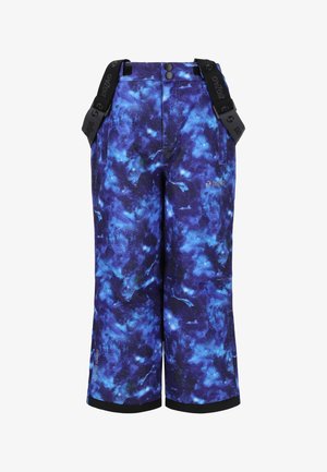 Hiihtohousut sinimustalla galaksikuvioinnilla, säädettävillä olkaimilla, kahdella vyötärönapilla ja mustilla hihansuun yksityiskohdilla. Kevyt, vedenpitävä materiaali.