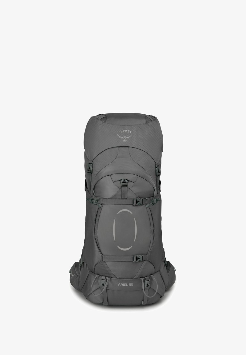 Sac à dos Osprey Ariel 55 en gris foncé, doté de bretelles ajustables, de plusieurs boucles et d'une surface en tissu durable avec un design épuré.