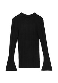 Schwarzes, geripptes Langarmoberteil mit Stehkragen und weitem Ärmel, aus strukturiertem Stoff mit vertikalen Streifen.