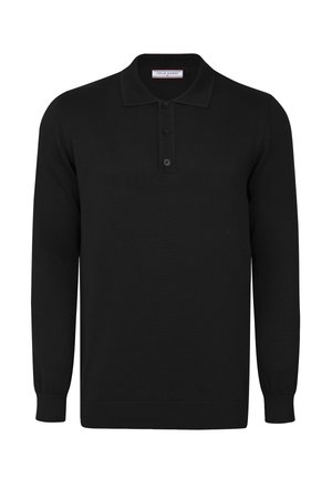 Polo noir à manches longues avec trois boutons ainsi que poignets, col et ourlet côtelés, vu de face.