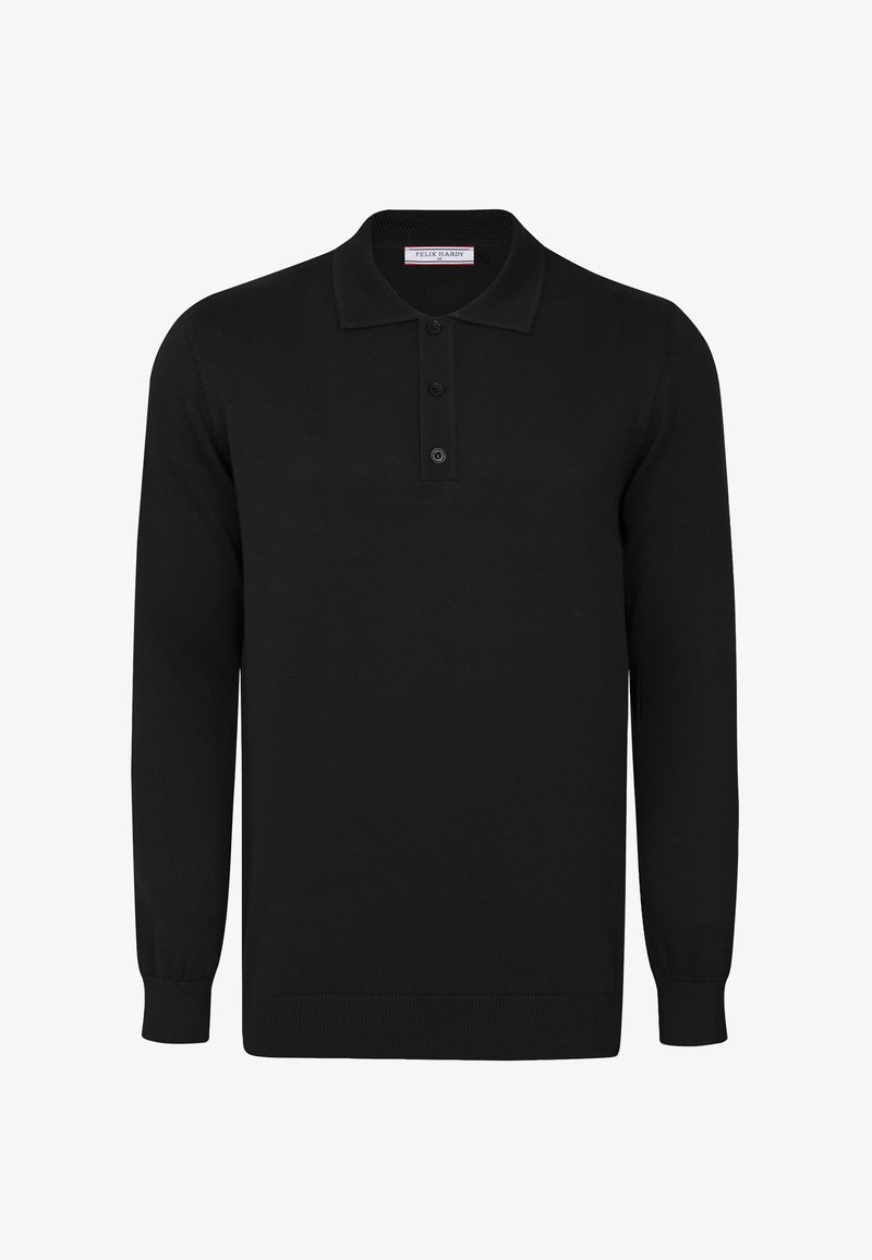 Polo noir à manches longues avec trois boutons ainsi que poignets, col et ourlet côtelés, vu de face.