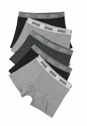 Pięć męskich bokserek w kolorze czarnym, jasnoszarym i ciemnoszarym, każda z paskiem z logo "FatFace".