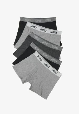 Fem herreboxershorts i sort, lysegrå og mørkegrå, hver med en linning med "FatFace"-logo.