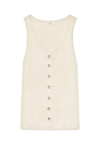 Top sin mangas color beige con un escote amplio, adornado con siete botones decorativos en el frente, hecho de una suave tela de punto.