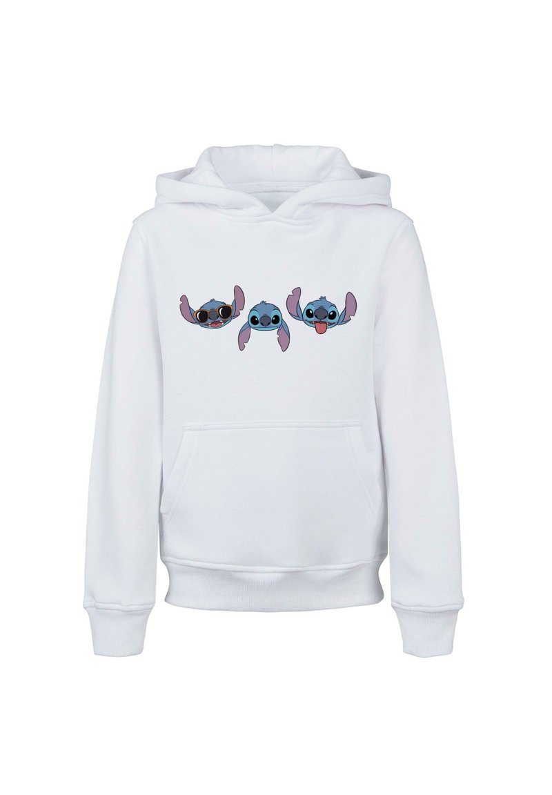 Felpa bianca con cappuccio caratterizzata da tre vivaci design a cartone animato di Stitch sulla parte anteriore. Realizzata in tessuto morbido, presenta una tasca frontale e polsini a costine.