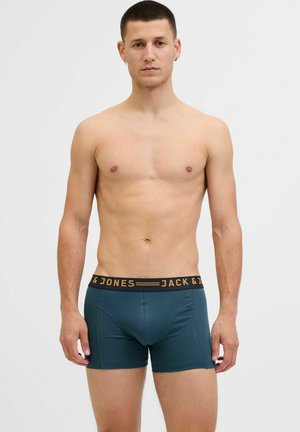 Herren Boxershorts, türkisfarbenem Stoff, elastischer Bund mit schwarzem und goldenem Logo, körperbetonter Schnitt, glatte Textur, bis zur Mitte des Oberschenkels.