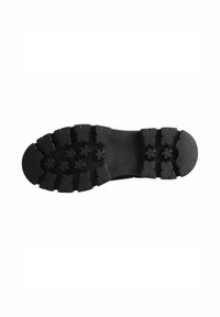 Black rubber sole with deep lug tread pattern, circular and rectangular shapes for grip, size 39 marked in the center.