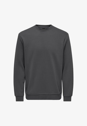 Grå collegegenser i mykt stoff, med lange ermer, ribbede mansjetter og kant, med en avslappet passform og uten synlige logoer.