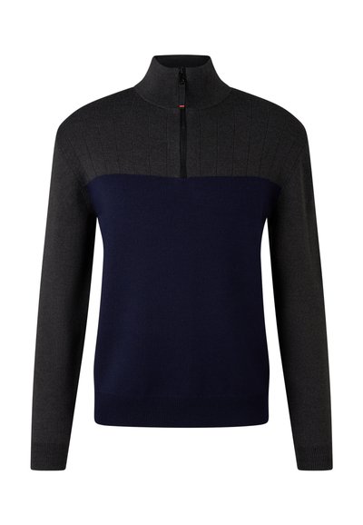 Strickpulli mit hohem Kragen, dunkelgrauen Schultern und navyfarbenem Rumpf, strukturiertes Rippmuster und Reißverschluss.