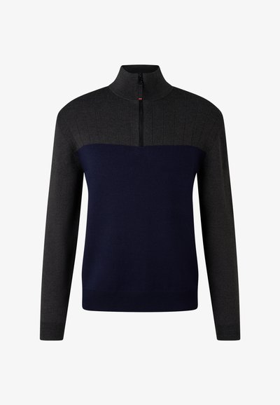 Strickpulli mit hohem Kragen, dunkelgrauen Schultern und navyfarbenem Rumpf, strukturiertes Rippmuster und Reißverschluss.