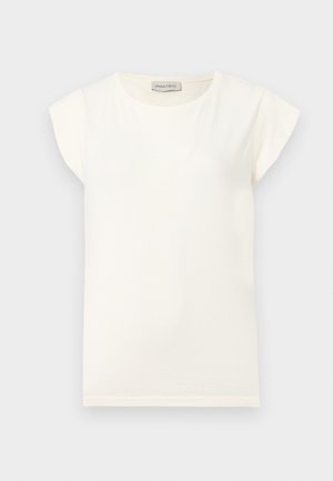 T-shirt bianca a maniche corte con collo rotondo e vestibilità rilassata. Realizzata in tessuto morbido, caratterizzata da una texture liscia e un design minimalista.