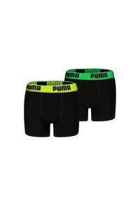 Black boxer shorts featuring contrasting green and yellow elastic waistbands with "PUMA" logo. Soft fabric, standard fit.