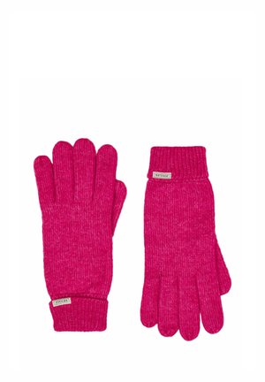 Een paar felroze gebreide handschoenen met geribbelde manchetten en kleine rechthoekige "Joules" labels op elke pols.
