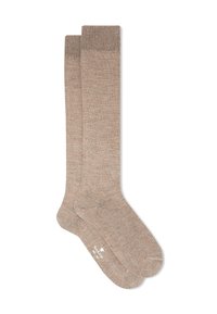 Calze beige al ginocchio con una morbida texture a maglia, risvolto a coste a contrasto in cima e una soletta liscia e senza cuciture.