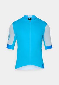 Un maillot de cyclisme à manches courtes avec un corps bleu vif, des manches blanches en mesh, une fermeture éclair à l'avant et un accent bleu au bord des manches.