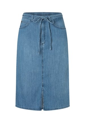 Blauer knielanger Jeansrock mit Frontschlitz, Gürtelschlaufen, Kordelzug in der Taille und Fronttaschen.