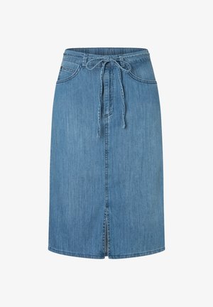 Blauer knielanger Jeansrock mit Frontschlitz, Gürtelschlaufen, Kordelzug in der Taille und Fronttaschen.