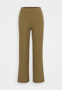 Raka beniga olivgrön ribbad stickad byxor med elastisk midja, designade för avslappnad användning.