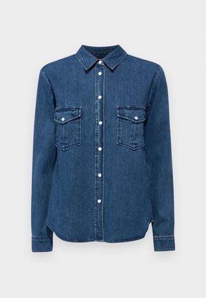 Dunkelblaue Denim-Hemd mit Kragen, Knopfverschluss auf der Vorderseite und zwei Brusttaschen mit Klappen. Lange Ärmel mit Knopfmanschetten.
